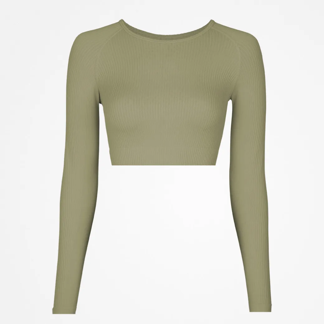 Geripptes Sportshirt langarm Damen aus recyceltem Polyamid